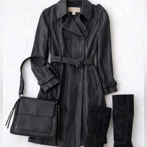 Michael Kors Belted Trench Coat Textured Black Small Classic Double Breasted EUC - Picture 11 of 16
